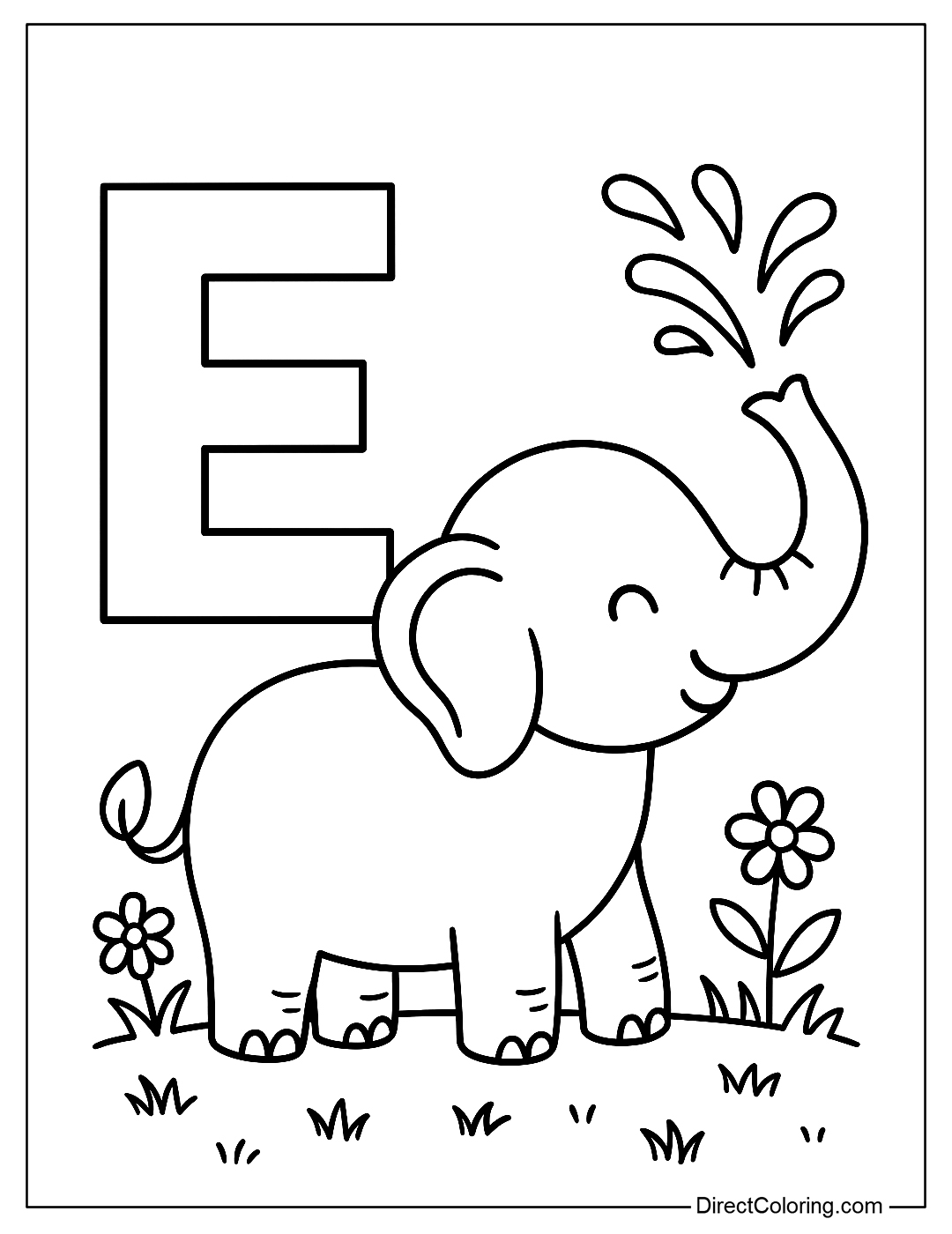 A letter E coloring page next to an elephant spraying water through its trunk, with grass and flowers.